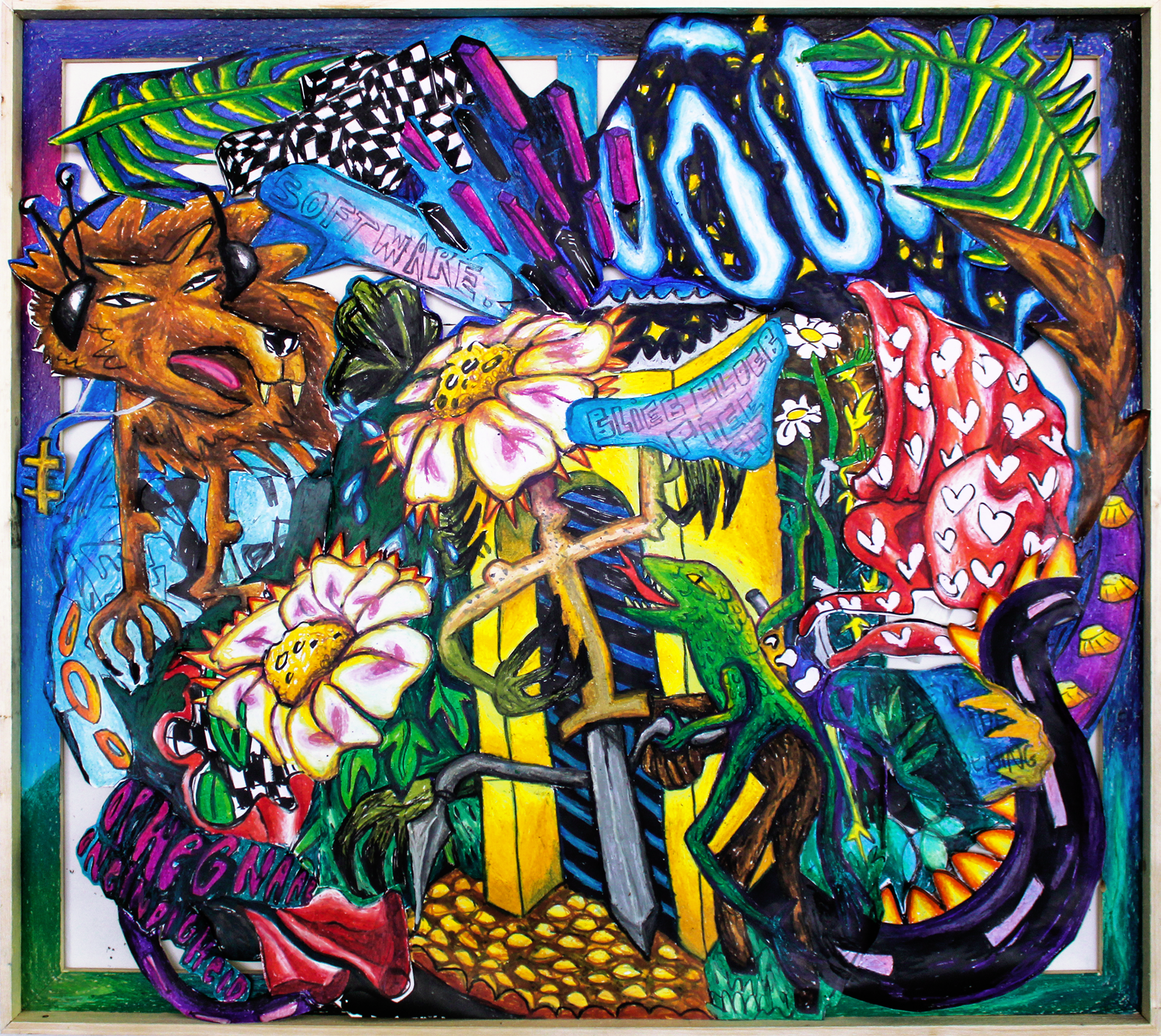 The Sword Legged Flower (2021) | ink and oil pastels on paper collage in wooden frame | 90 x 100 cm