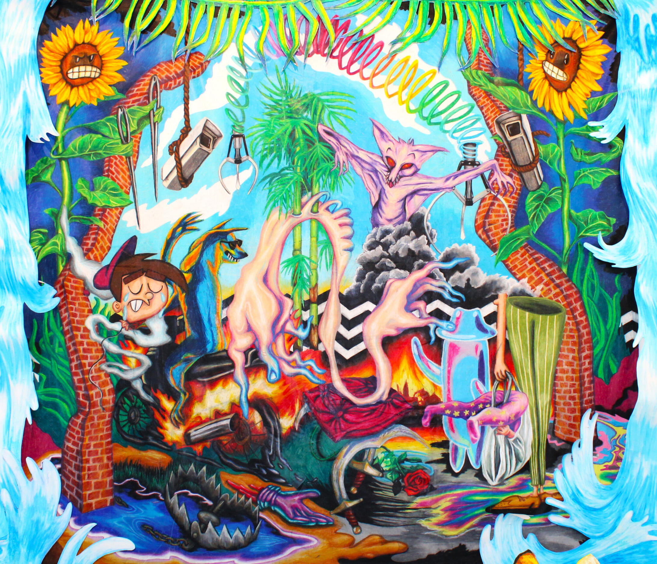 Bubble Buddy visits mainland and Timmy made a wish. (2022) | oil pastel on cotton sheet | 240 x 260 cm