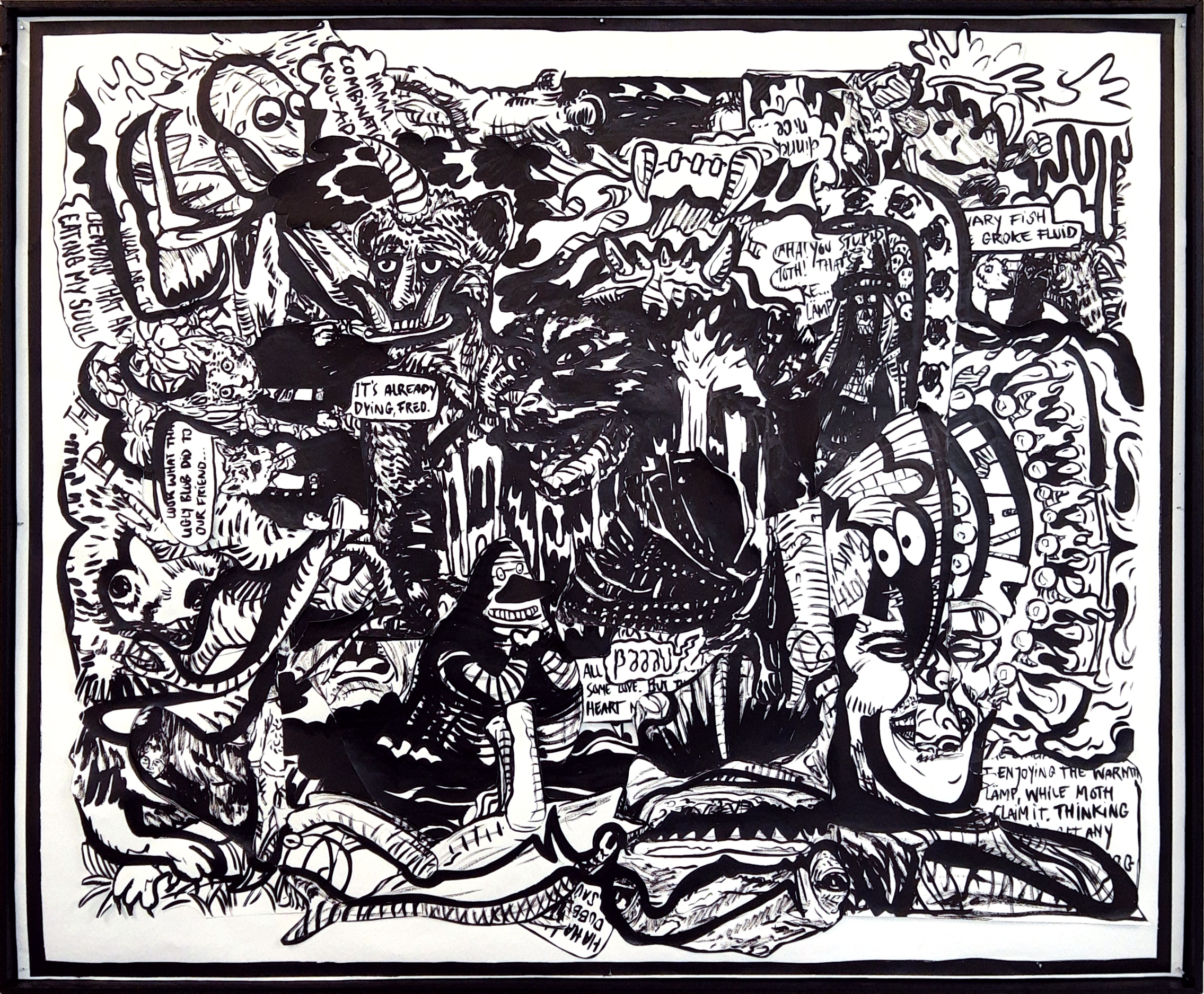 it's already dying (2019) | ink on paper collage in wooden frame | 115 x 140 cm