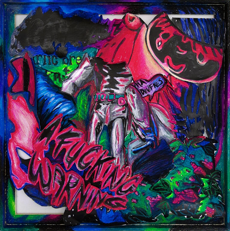 Pigeon the Redeemer and Spaceman the Eternal (2021) | ink and oil pastels on paper collage in wooden frame | 80 x 80 cm