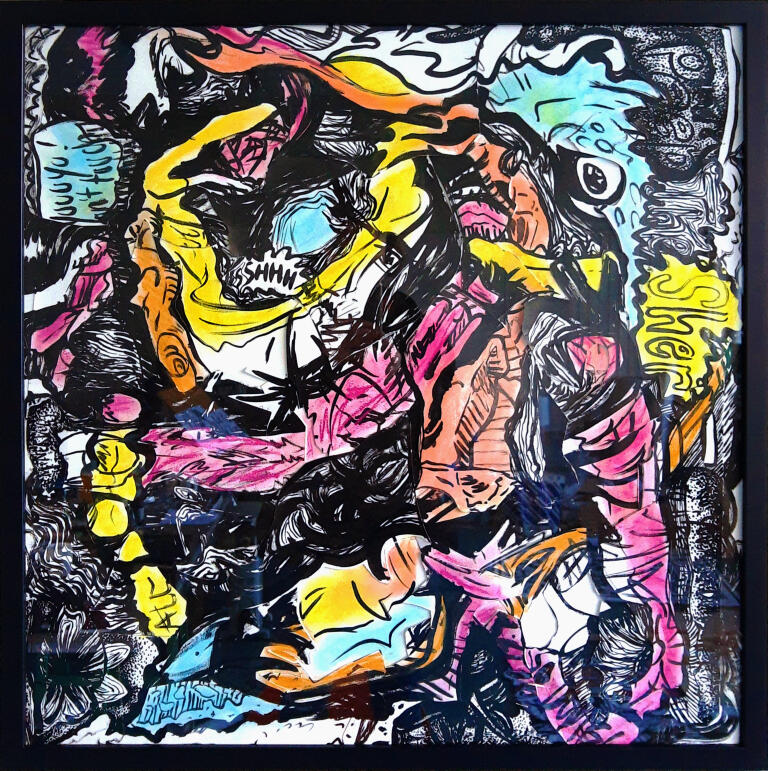 Peep The Sher | ink and soft pastels on paper collage | 65 cm x 65 cm | €520 | framed