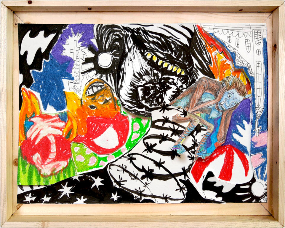 Bored | ink, oil pastel and pencil on paper in wooden frame | 21 x 29,7 cm | €200