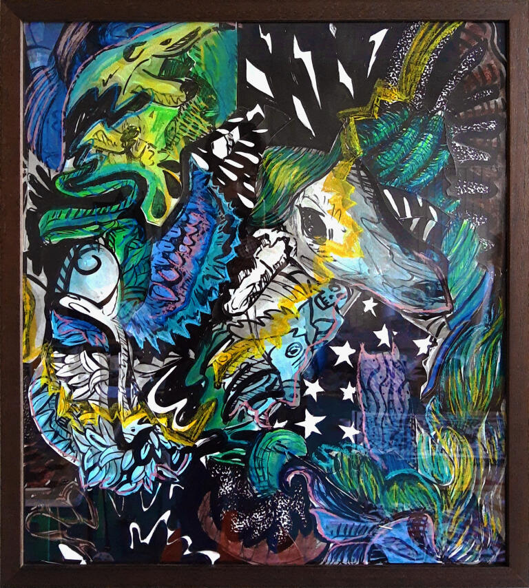 Thunder in the Grasslands | ink and soft pastels on paper collage | 50 x 56 cm | €425 | framed