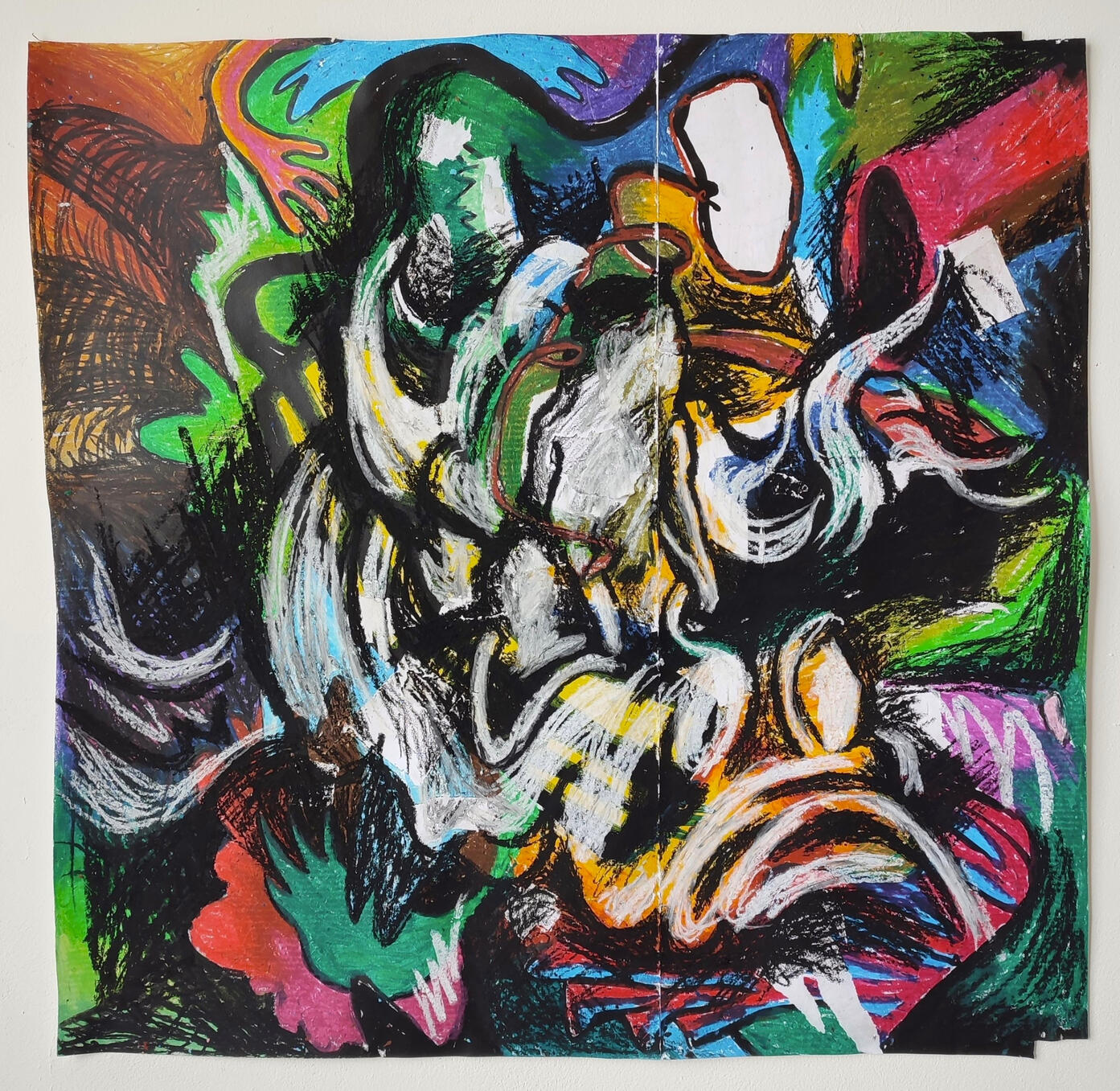 De aap en de dolfijn | oil pastels on paper | 59 x 59 cm | €470