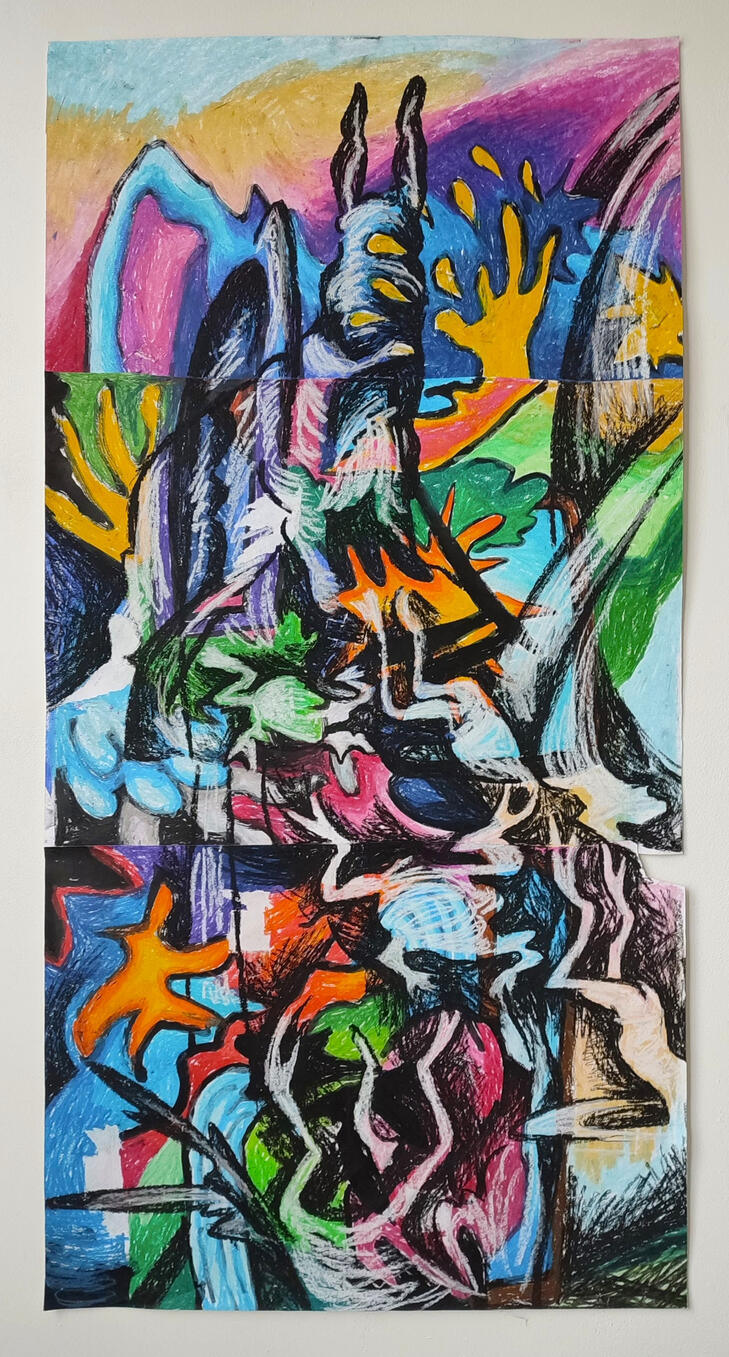 Haas en de kikvorsen | oil pastels on paper | 105 x 54 cm | €600