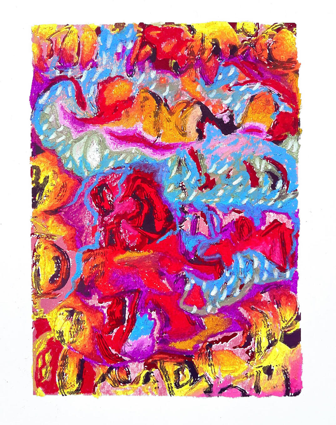 Vlammin' the pan | oil pastels on silkscreen print | 32 x 24 cm | €90