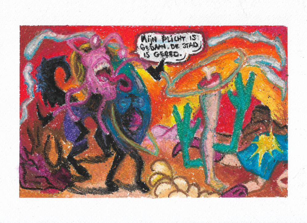 Mijn plicht is gedaan. De stad is gered. | oil pastels on paper | 21 x 29,7 cm | €200