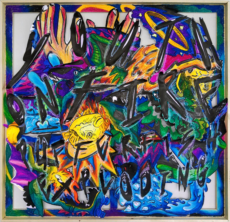 Youth on fire. Pufferfish exploding. | ink and oil pastels on paper collage in wooden frame | 95 x 100 cm | €780