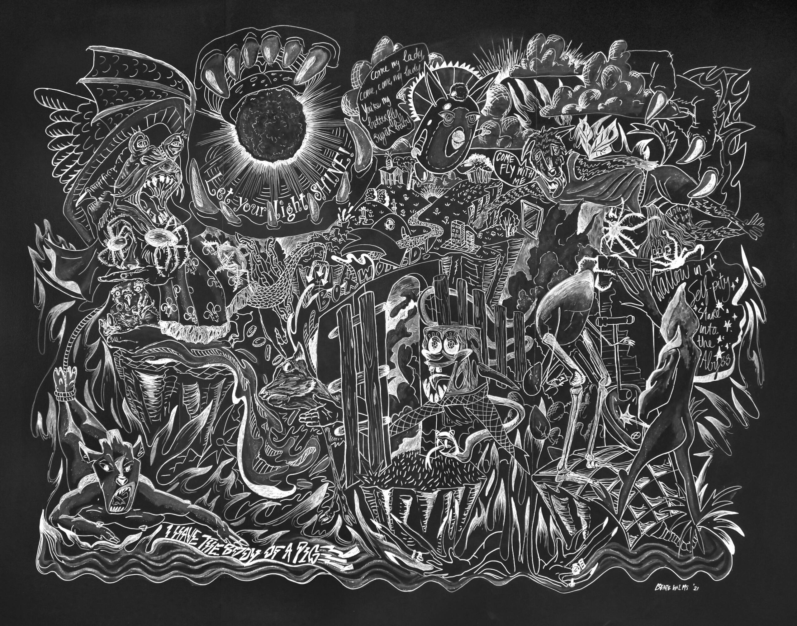 The deer, the fox, the bird (2021) | chalk mural | De Stadstuin 20, Utrecht